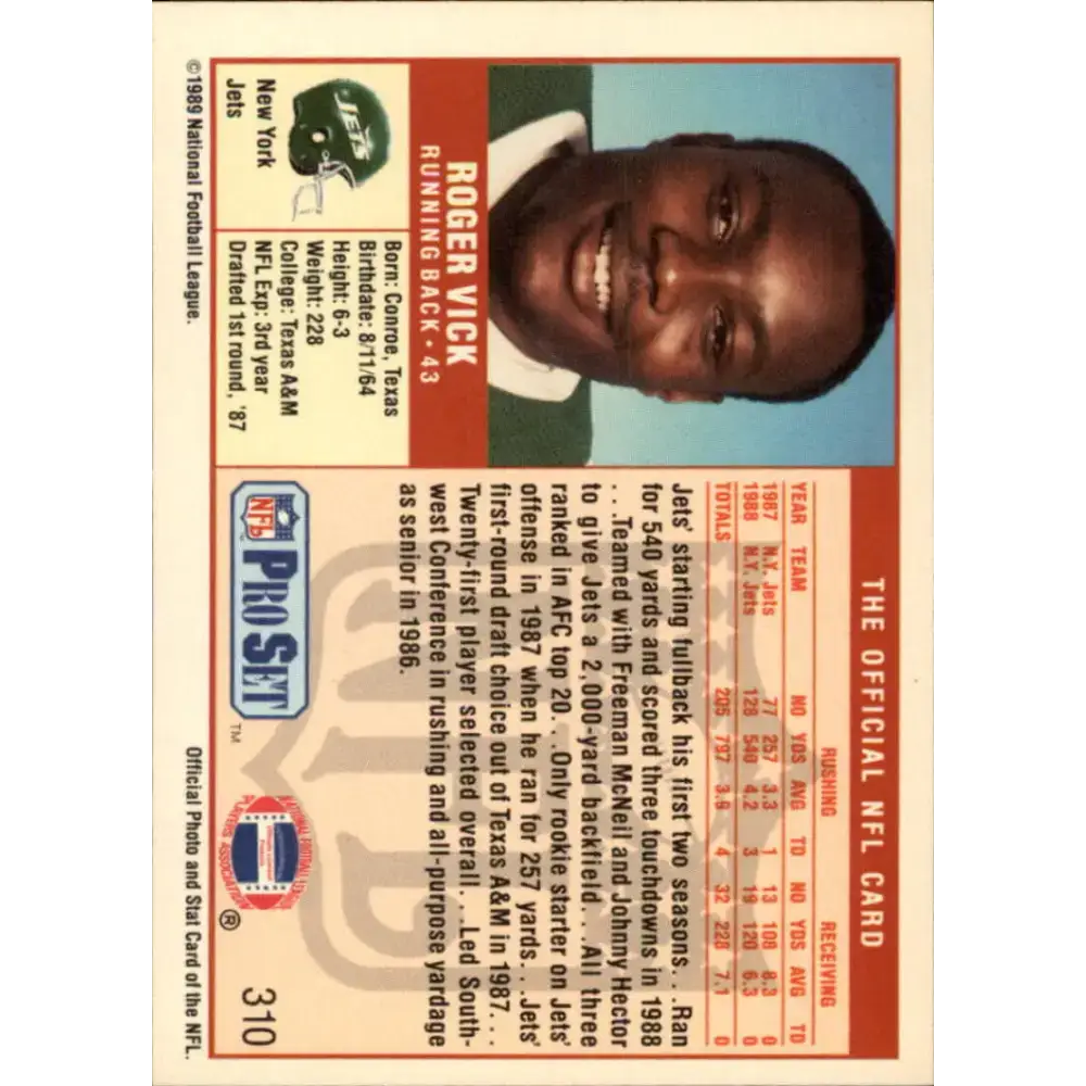 1989 Pro Set #310 Roger Vick NM-MT New York Jets Football Card - Football Card Single