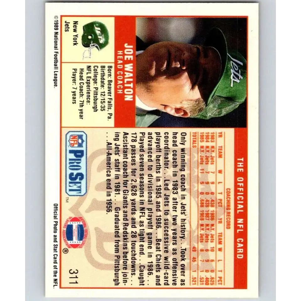 1989 Pro Set #311 Joe Walton CO NM-MT New York Jets Football Card - Football Card Single
