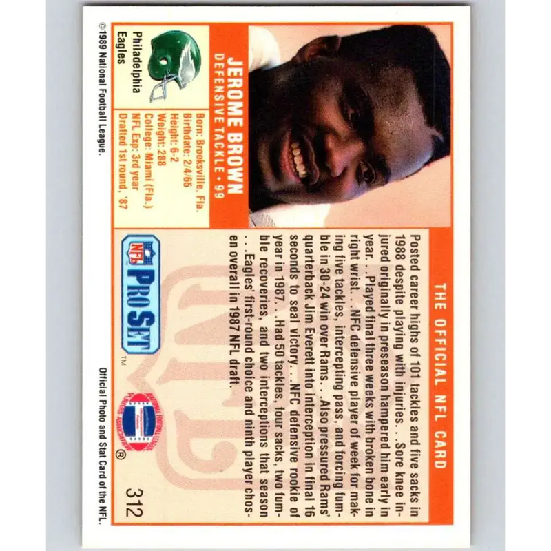1989 Pro Set #312 Jerome Brown NM-MT Philadelphia Eagles Football Card - Football Card Single