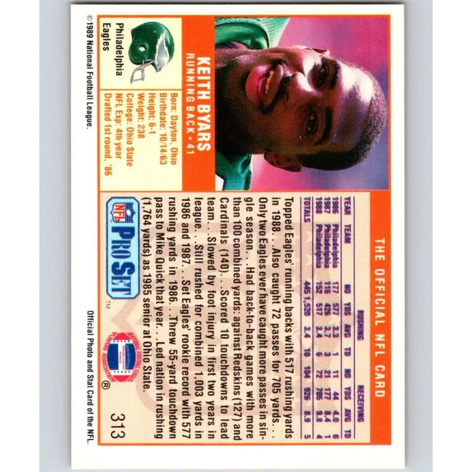1989 Pro Set #313 Keith Byars NM-MT Philadelphia Eagles Football Card - Football Card Single