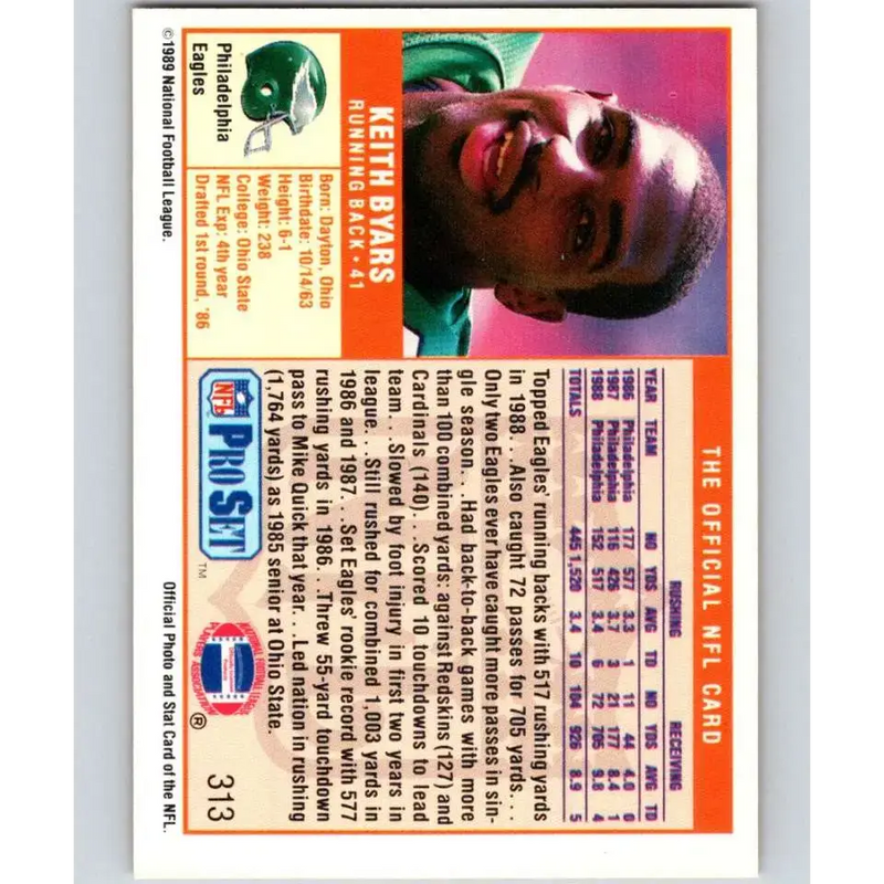 1989 Pro Set #313 Keith Byars NM-MT Philadelphia Eagles Football Card - Football Card Single