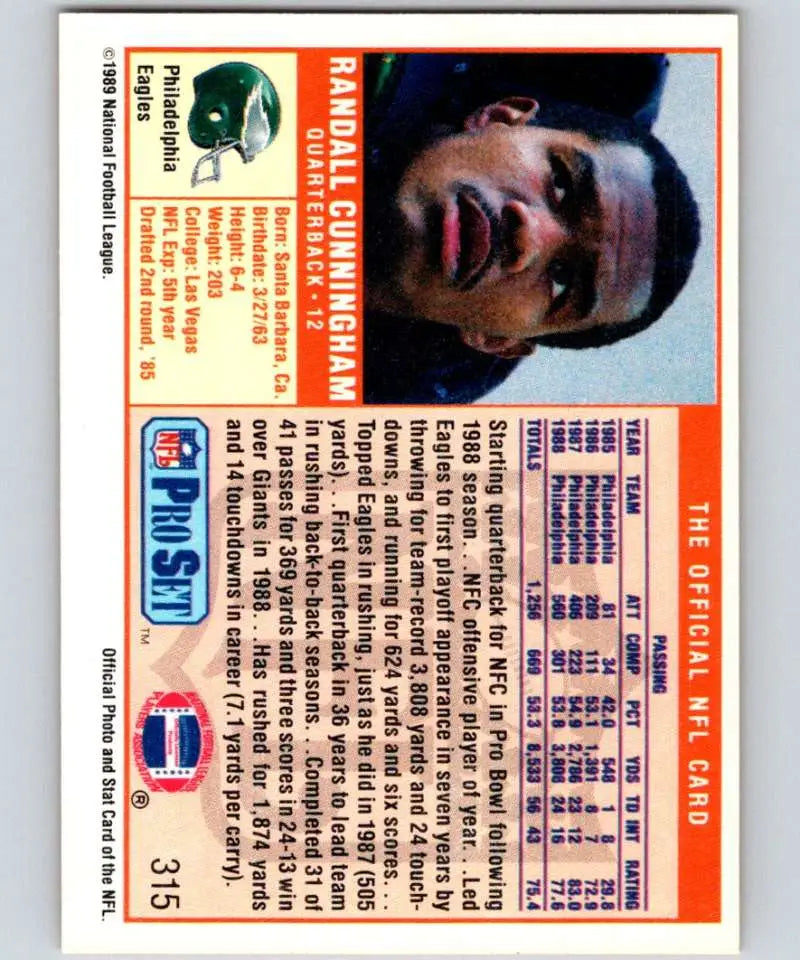 1989 Pro Set #315 Randall Cunningham EX Excellent Philadelphia Eagles Football Card - Football Card Single
