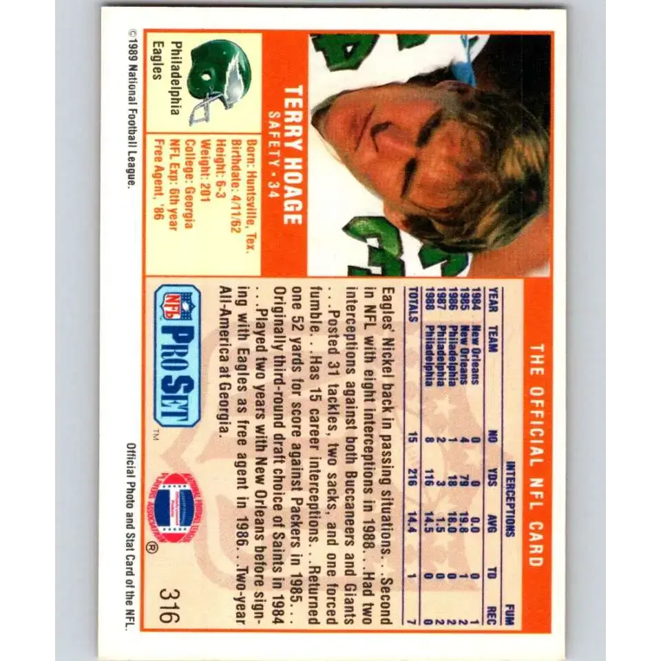 1989 Pro Set #316 Terry Hoage NM-MT Philadelphia Eagles Football Card - Football Card Single