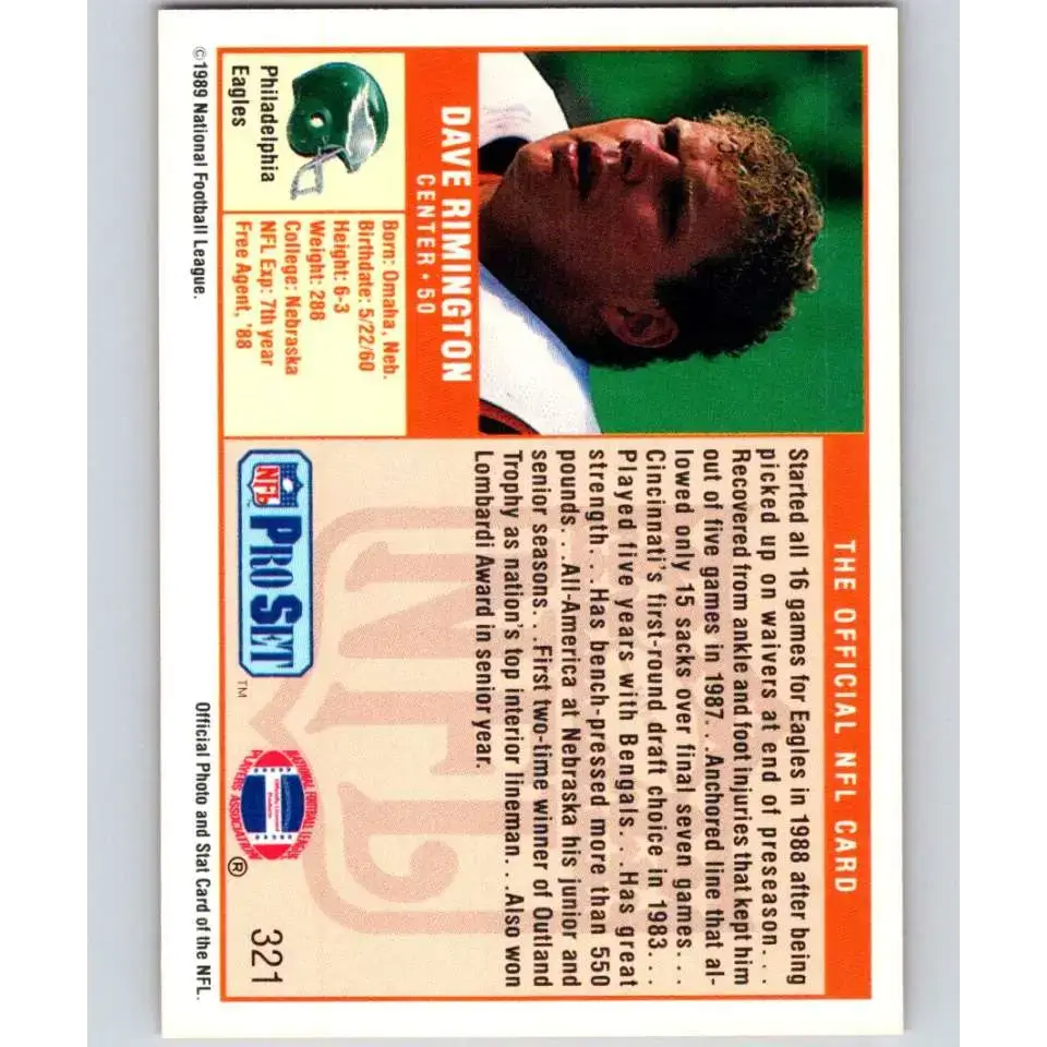 1989 Pro Set #321 Dave Rimington NM-MT Philadelphia Eagles Football Card - Football Card Single
