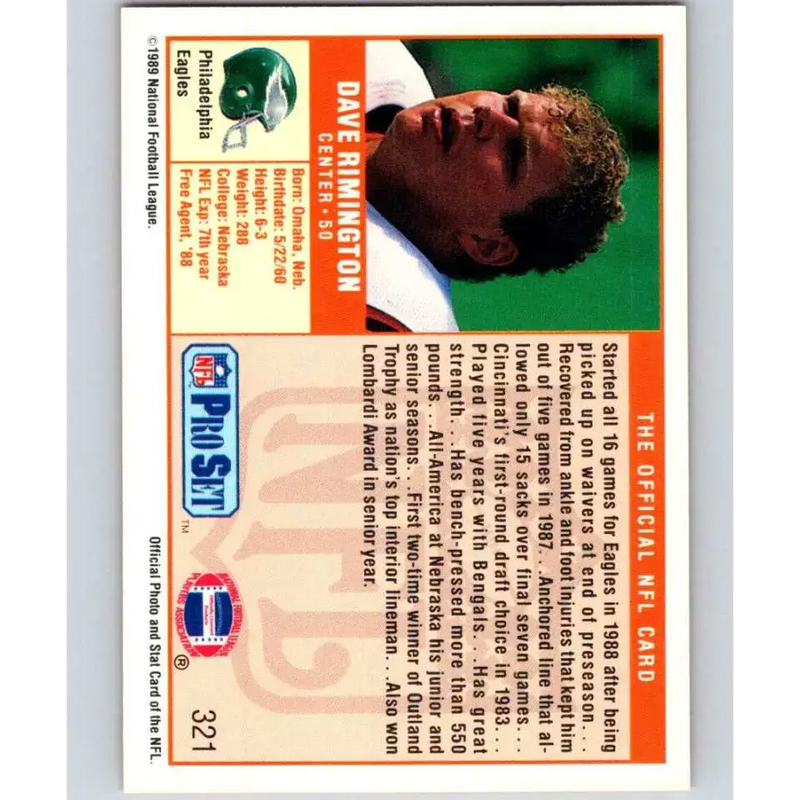 1989 Pro Set #321 Dave Rimington NM-MT Philadelphia Eagles Football Card - Football Card Single
