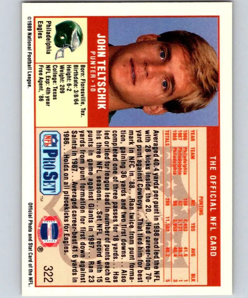 1989 Pro Set #322 John Teltschik EX Excellent Philadelphia Eagles Football Card - Football Card Single
