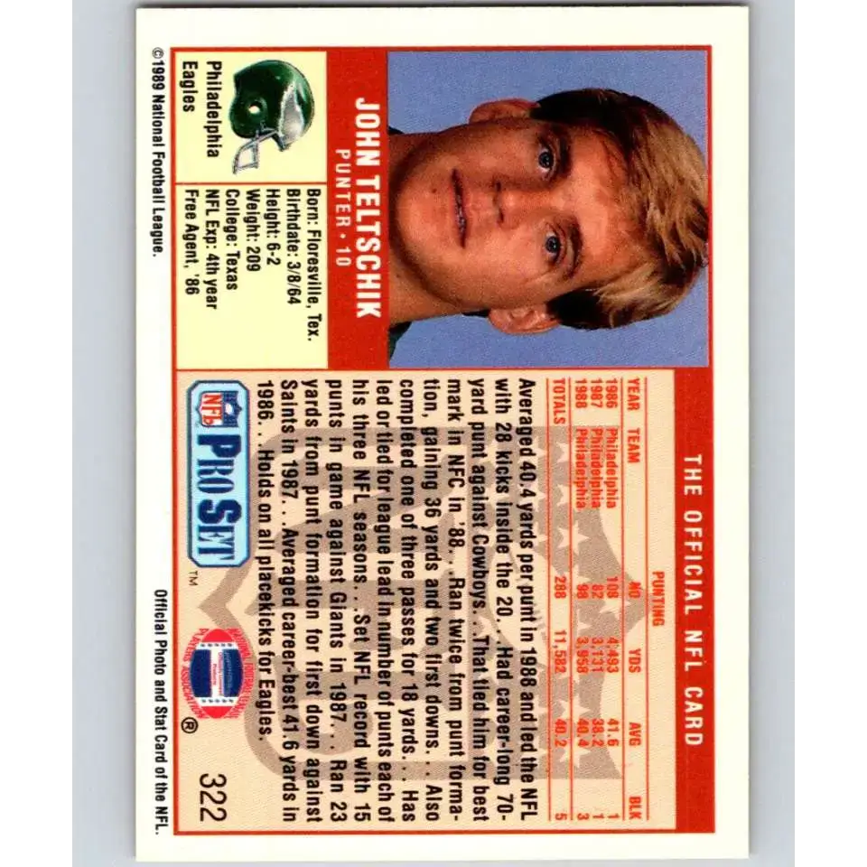 1989 Pro Set #322 John Teltschik NM-MT Philadelphia Eagles Football Card - Football Card Single