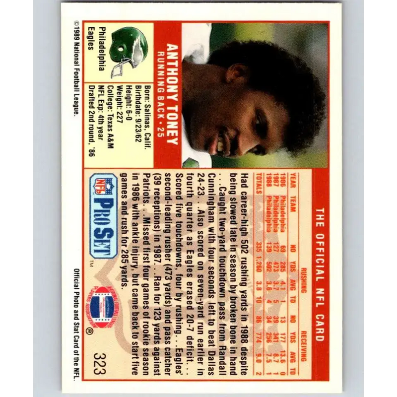1989 Pro Set #323 Anthony Toney NM-MT Philadelphia Eagles Football Card - Football Card Single