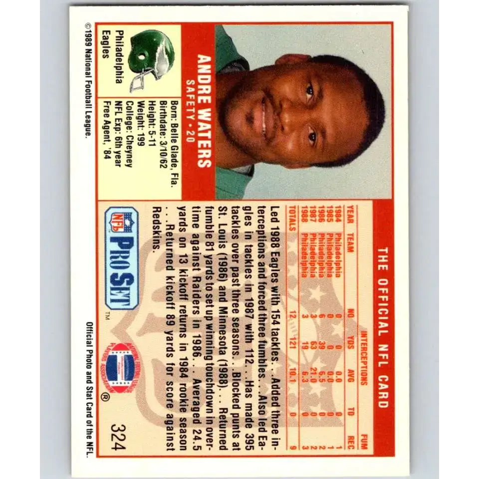 1989 Pro Set #324 Andre Waters NM-MT Philadelphia Eagles Football Card - Football Card Single