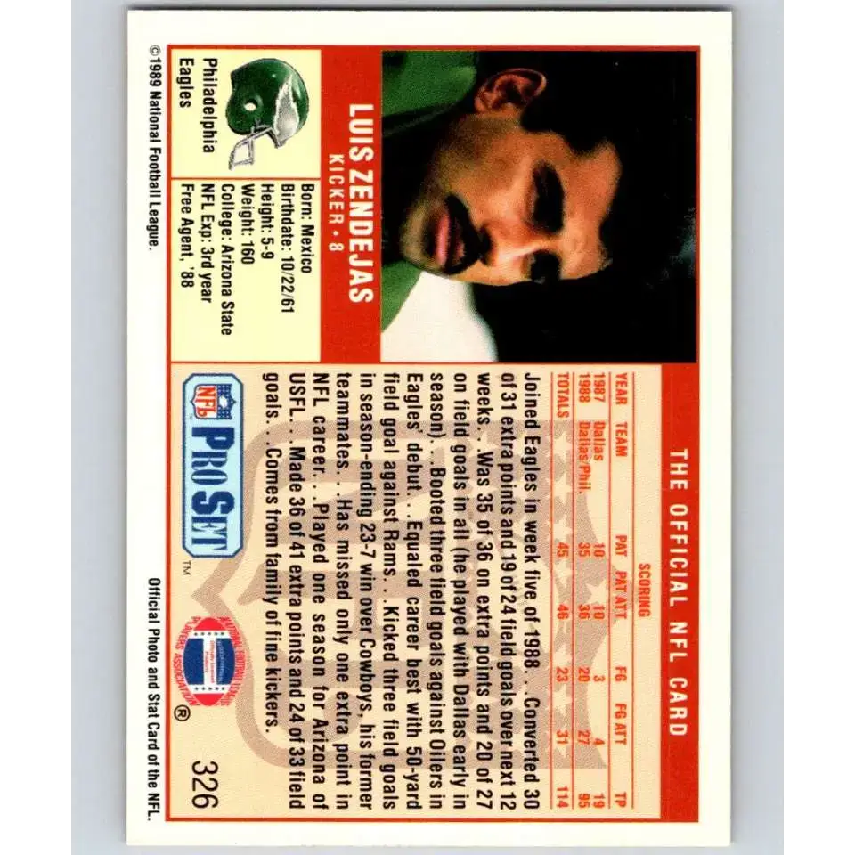1989 Pro Set #326 Luis Zendejas NM-MT Philadelphia Eagles Football Card - Football Card Single