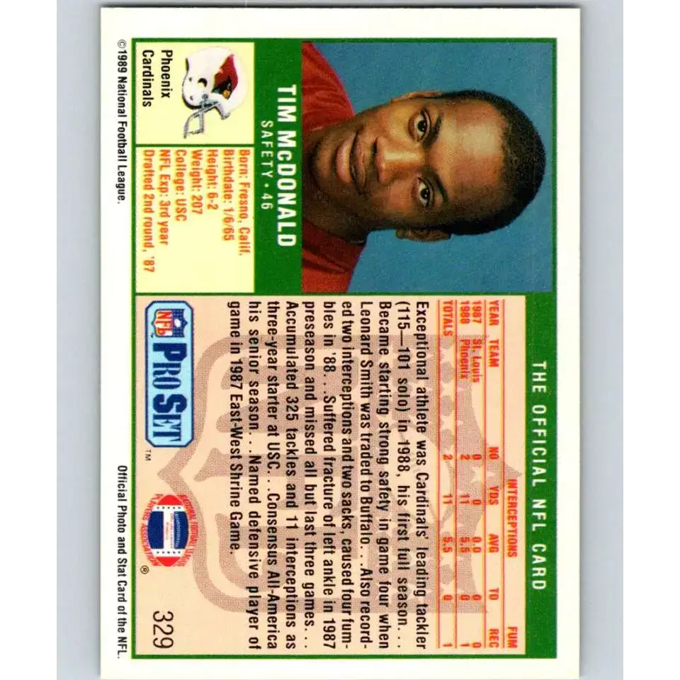 1989 Pro Set #329 Tim McDonald NM-MT RC Rookie Phoenix Cardinals Football Card - Football Card Single