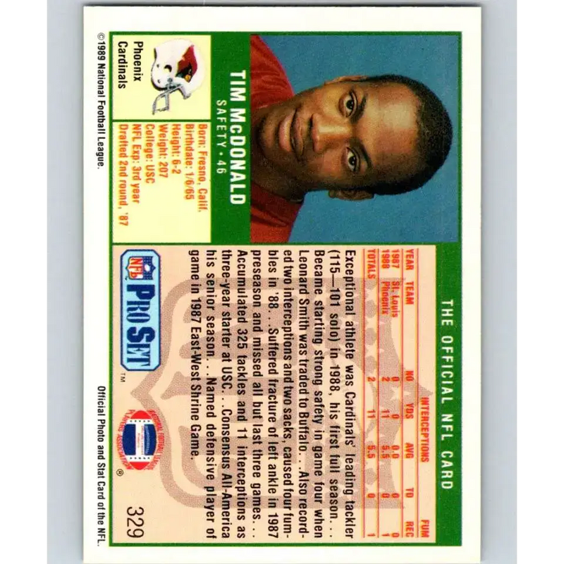 1989 Pro Set #329 Tim McDonald NM-MT RC Rookie Phoenix Cardinals Football Card - Football Card Single