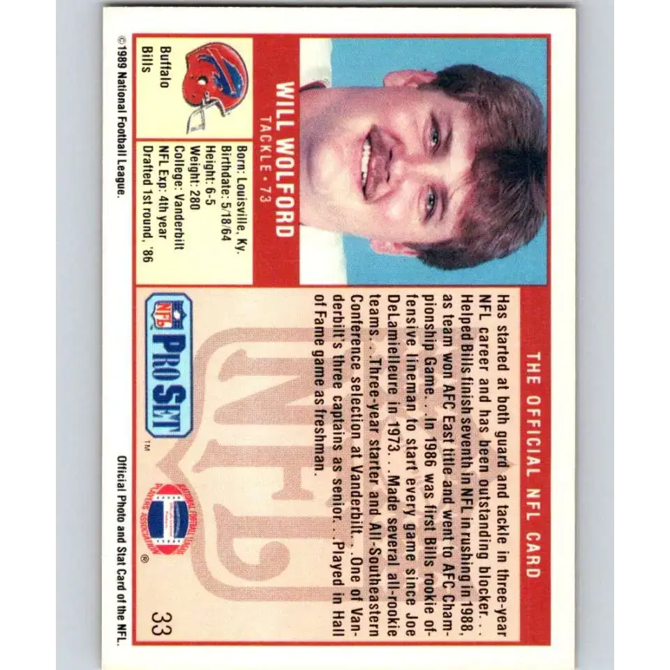 1989 Pro Set #33 Will Wolford NM-MT RC Rookie Buffalo Bills Football Card