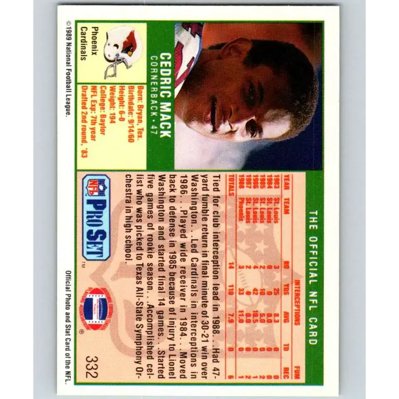 1989 Pro Set #332 Cedric Mack NM-MT Phoenix Cardinals Football Card - Football Card Single