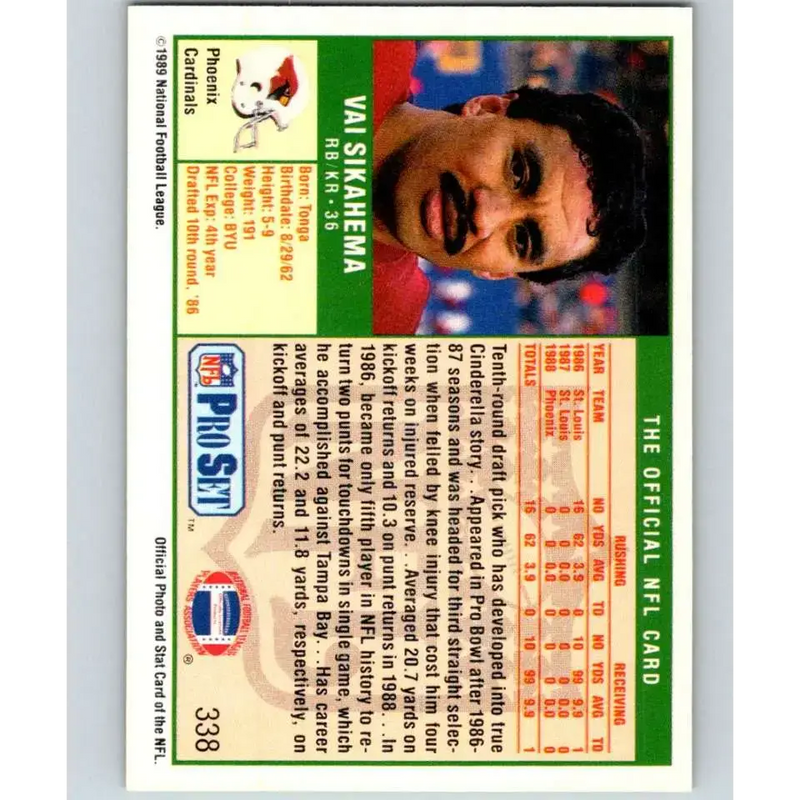 1989 Pro Set #338 Vai Sikahema NM-MT Phoenix Cardinals Football Card - Football Card Single