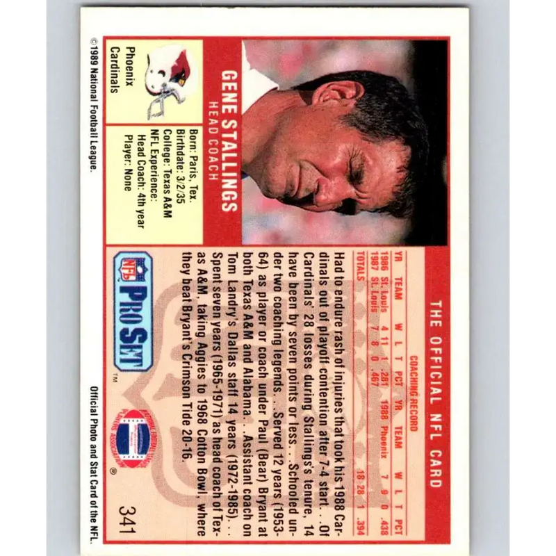 1989 Pro Set #341 Gene Stallings/ NM-MT RC Rookie Phoenix Cardinals Football Card - Football Card Single