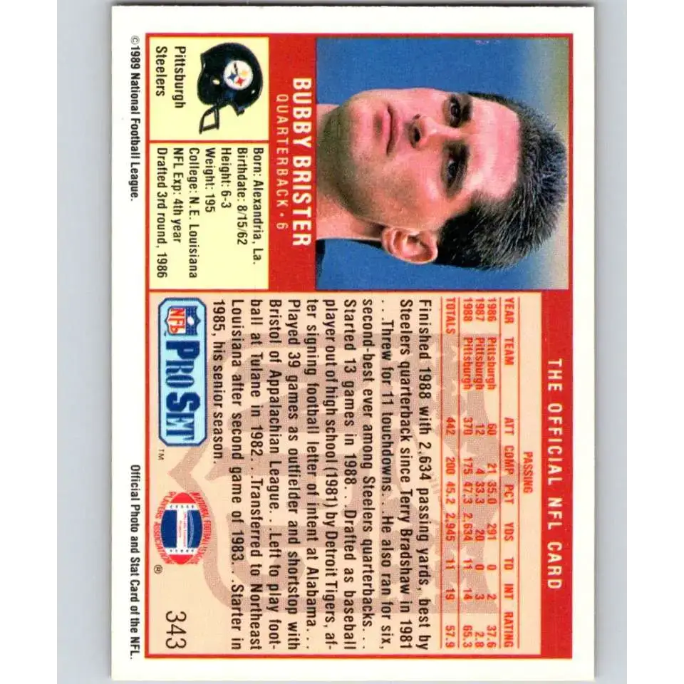 1989 Pro Set #343 Bubby Brister NM-MT RC Rookie Pittsburgh Steelers Football Card