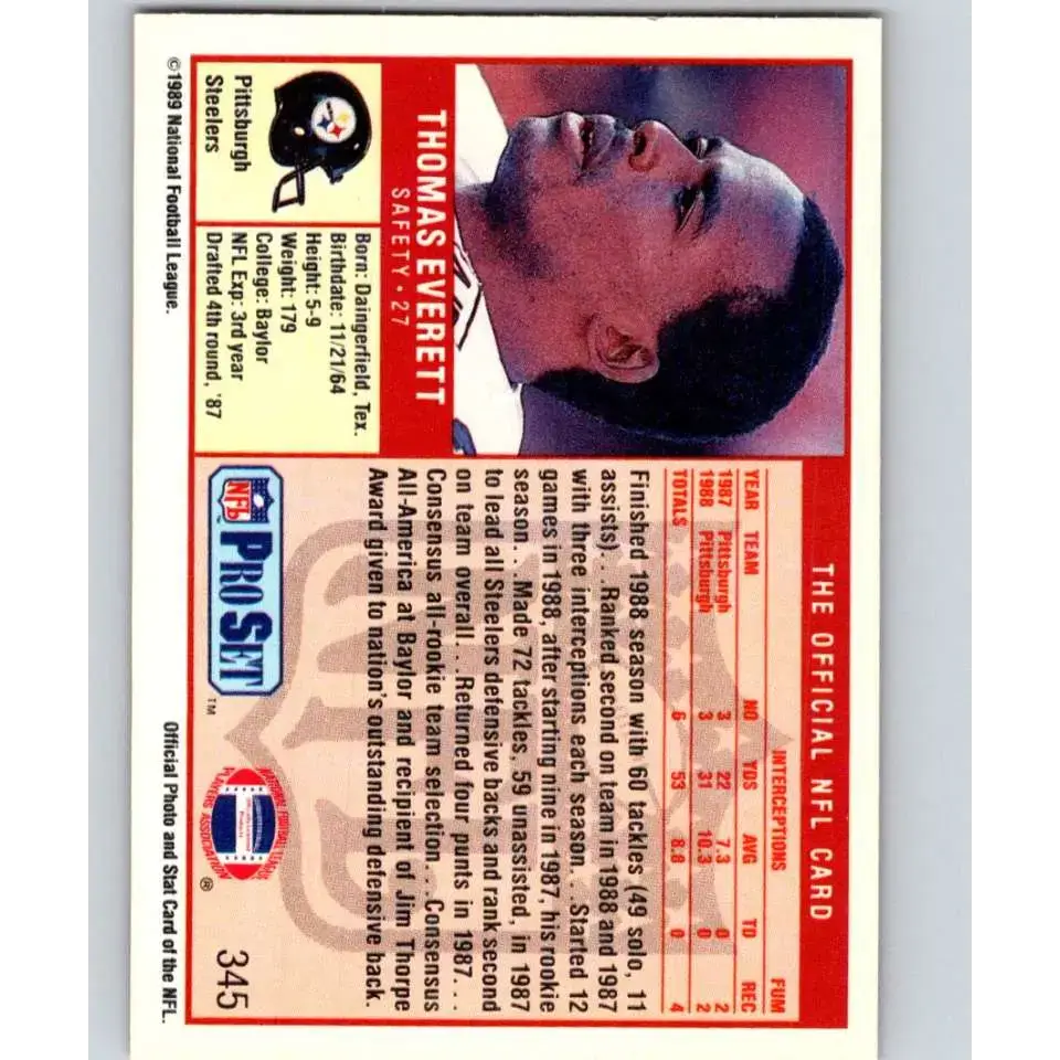 1989 Pro Set #345 Thomas Everett NM-MT RC Rookie Pittsburgh Steelers Football Card - Football Card Single