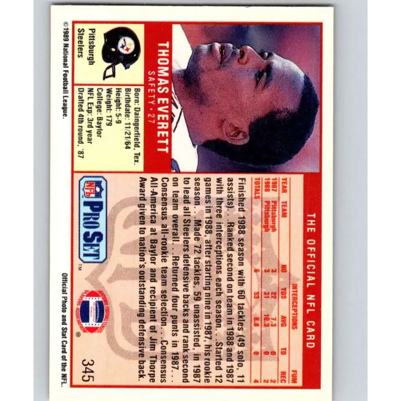 1989 Pro Set #345 Thomas Everett NM-MT RC Rookie Pittsburgh Steelers Football Card - Football Card Single
