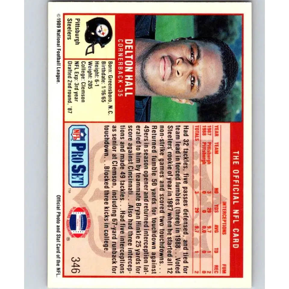 1989 Pro Set #346 Delton Hall NM-MT RC Rookie Pittsburgh Steelers Football Card