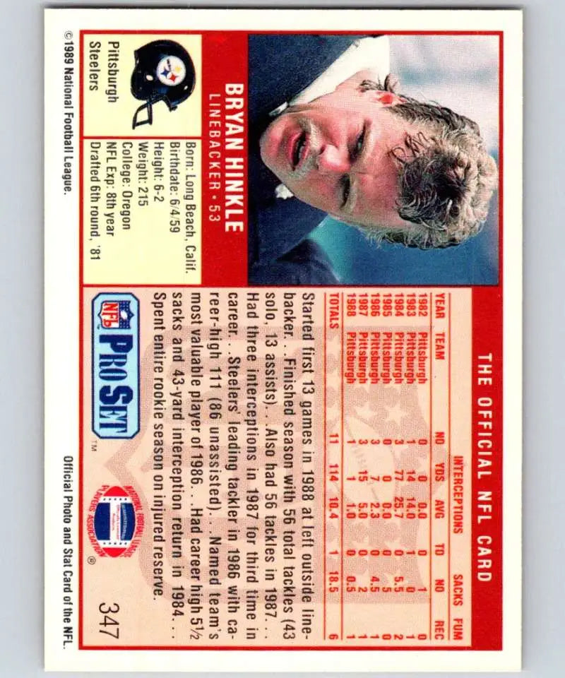 1989 Pro Set #347 Bryan Hinkle EX Excellent RC Rookie Pittsburgh Steelers Football Card - Football Card Single