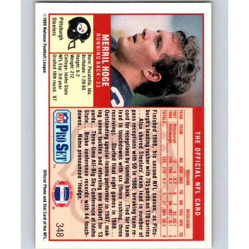 1989 Pro Set #348 Merril Hoge NM-MT RC Rookie Pittsburgh Steelers Football Card - Football Card Single