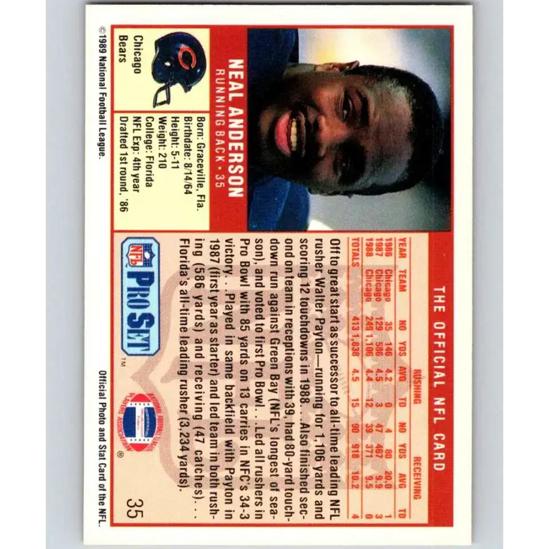 1989 Pro Set #35 Neal Anderson NM-MT Chicago Bears Football Card - Football Card Single