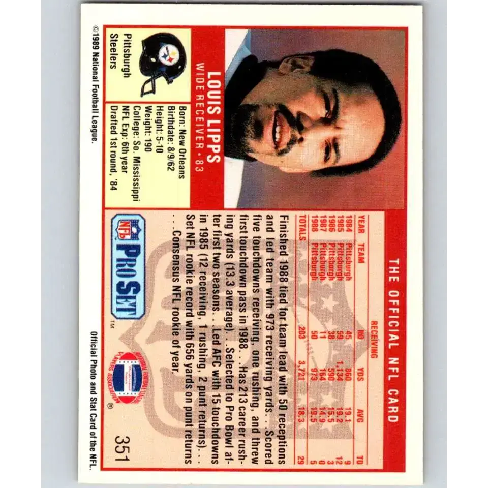 1989 Pro Set #351 Louis Lipps NM-MT Pittsburgh Steelers Football Card - Football Card Single