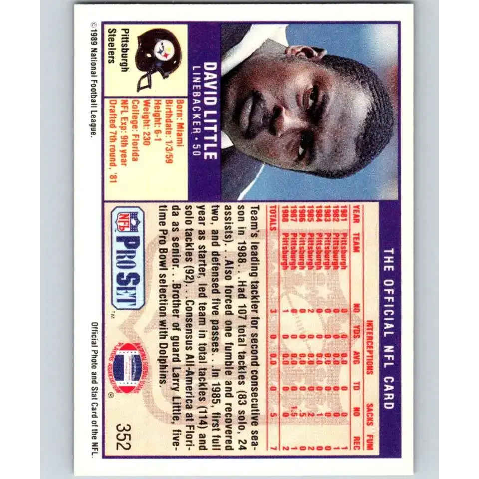 1989 Pro Set #352 David Little NM-MT Pittsburgh Steelers Football Card - Football Card Single