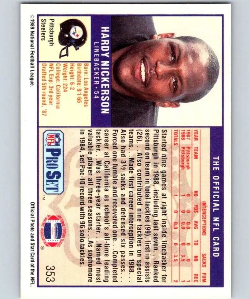 1989 Pro Set #353 Hardy Nickerson EX Excellent RC Rookie Pittsburgh Steelers Football Card - Football Card Single