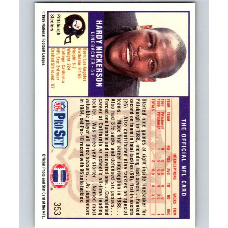 1989 Pro Set #353 Hardy Nickerson NM-MT RC Rookie Pittsburgh Steelers Football Card - Football Card Single