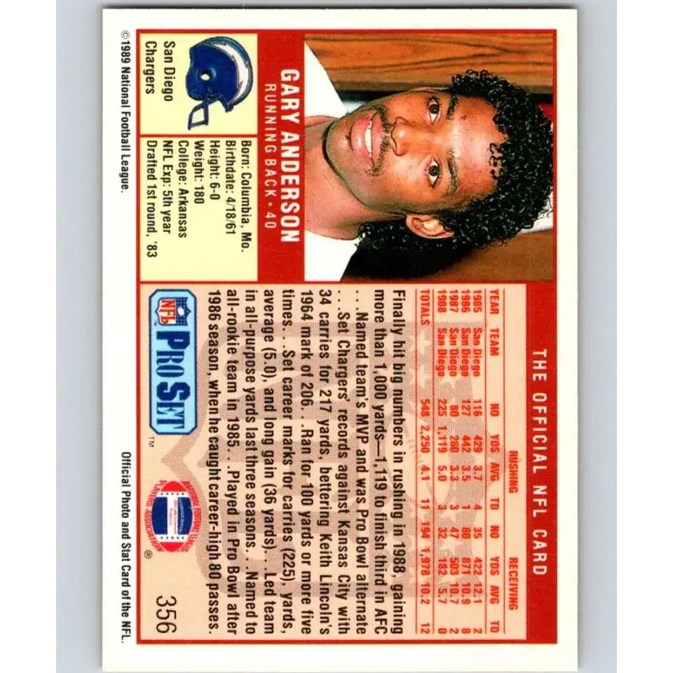 1989 Pro Set #356 Gary Anderson NM-MT San Diego Chargers Football Card - Football Card Single