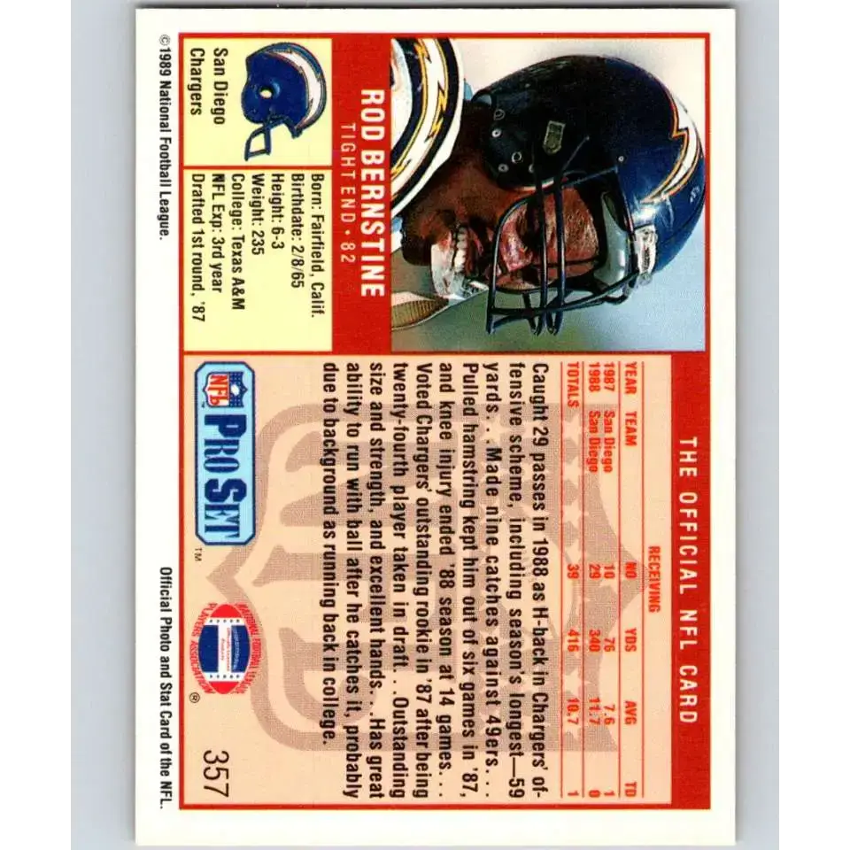 1989 Pro Set #357 Rod Bernstine NM-MT RC Rookie San Diego Chargers Football Card - Football Card Single