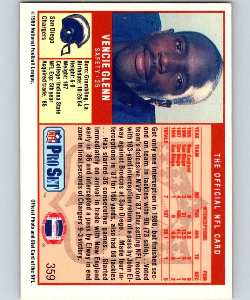 1989 Pro Set #359 Vencie Glenn EX Excellent San Diego Chargers Football Card - Football Card Single