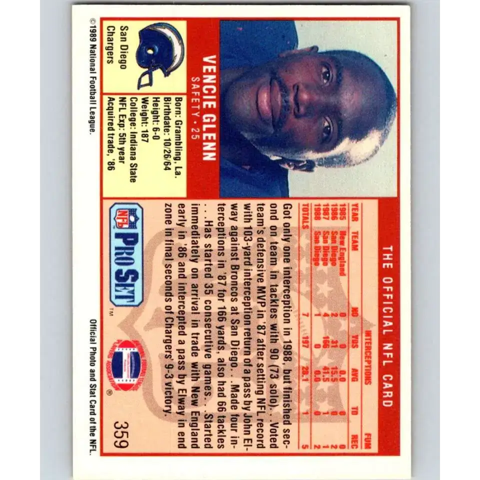 1989 Pro Set #359 Vencie Glenn NM-MT San Diego Chargers Football Card - Football Card Single