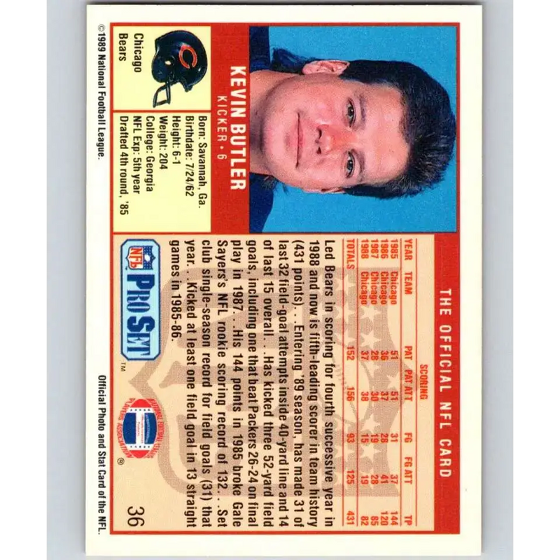1989 Pro Set #36 Kevin Butler NM-MT Chicago Bears Football Card - Football Card Single