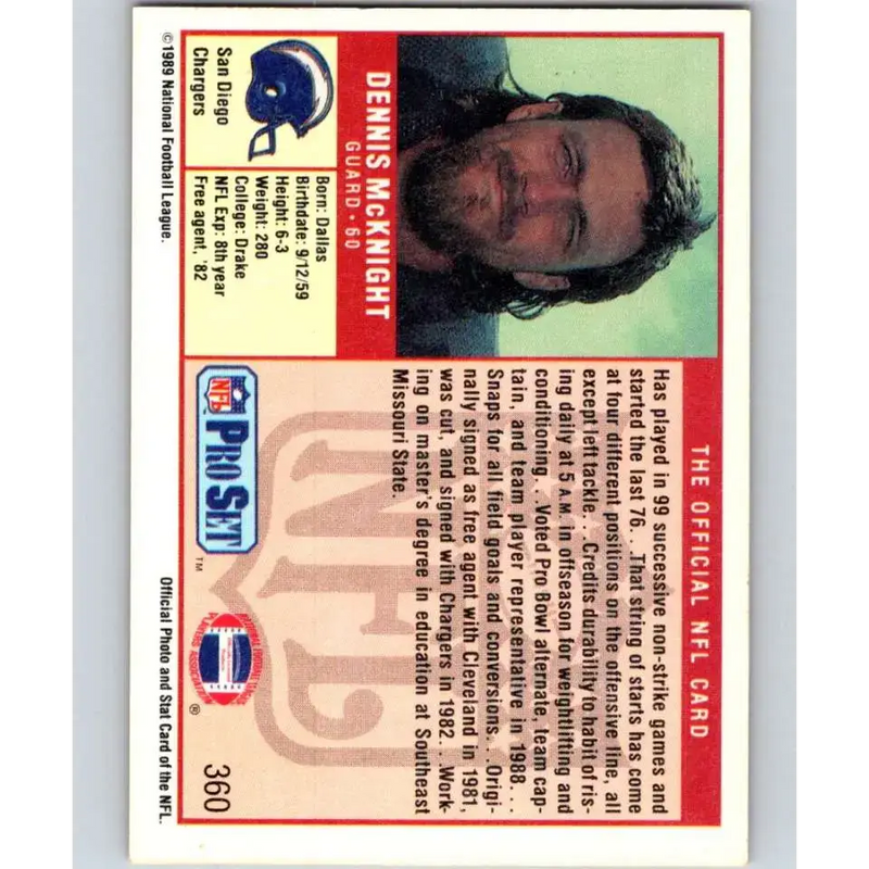 1989 Pro Set #360 Dennis McKnight NM-MT San Diego Chargers Football Card - Football Card Single