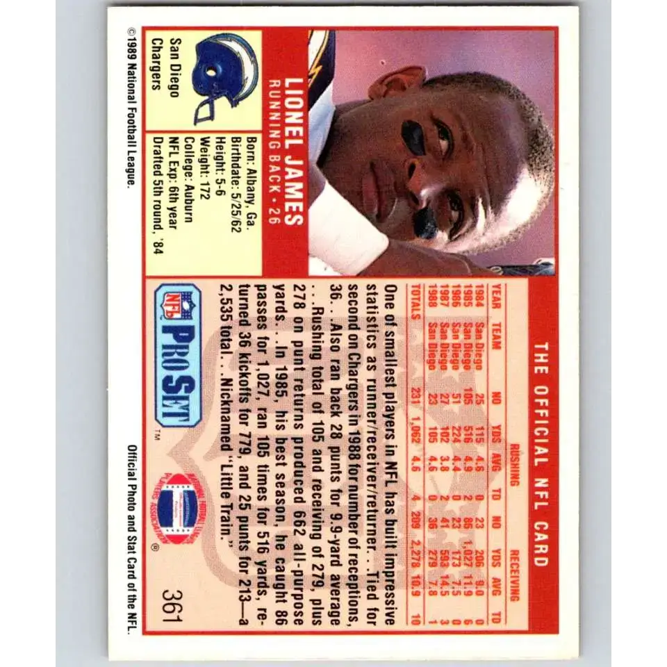 1989 Pro Set #361 Lionel James NM-MT San Diego Chargers Football Card - Football Card Single