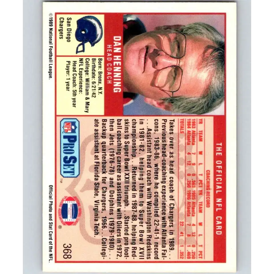 1989 Pro Set #368 Dan Henning CO NM-MT San Diego Chargers Football Card - Football Card Single