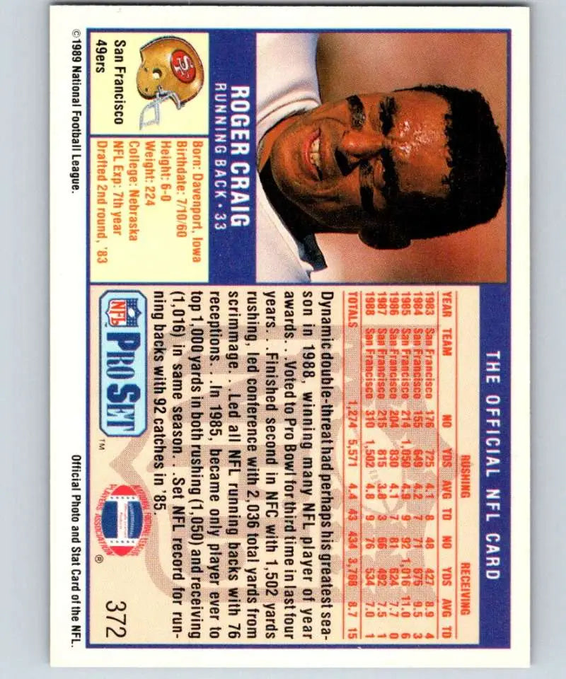 1989 Pro Set #372 Roger Craig EX Excellent San Francisco 49ers Football Card - Football Card Single