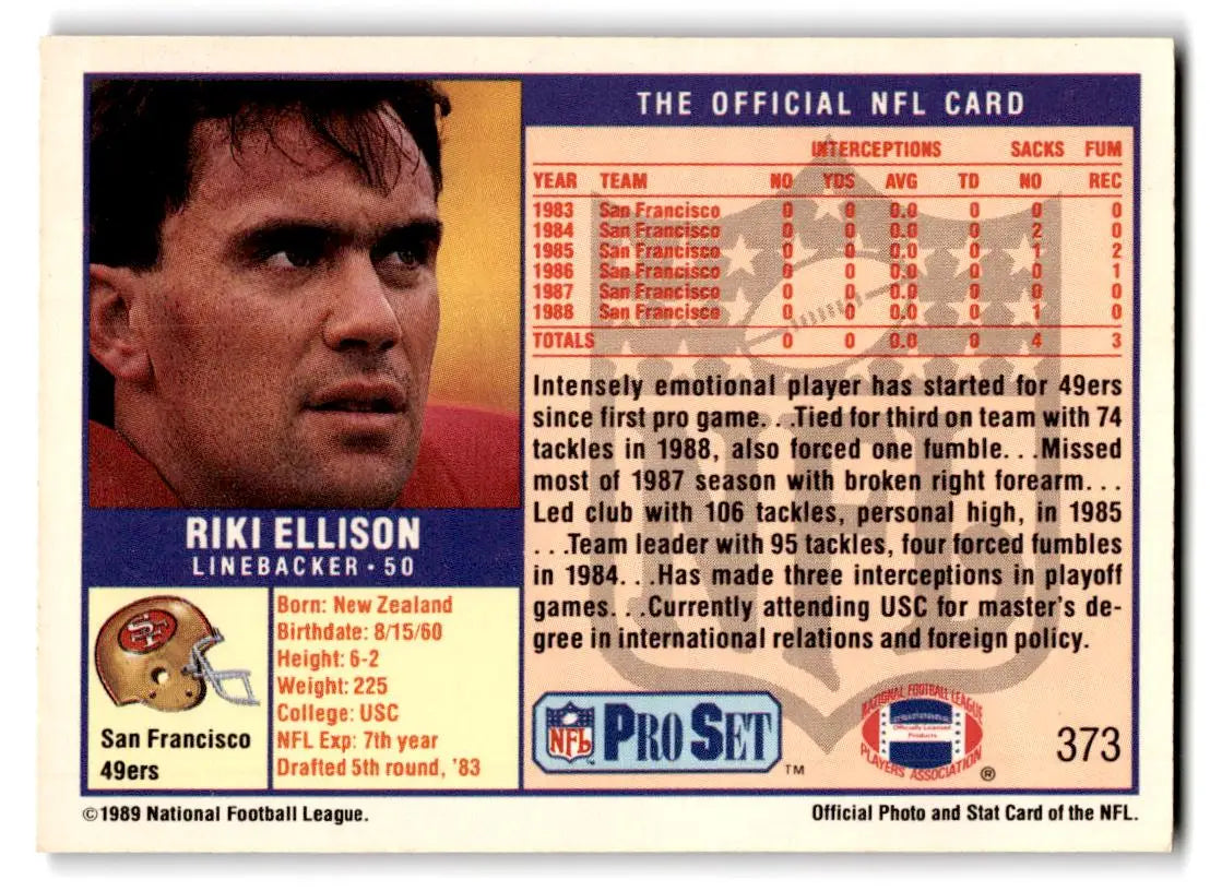 1989 Pro Set #373 Riki Ellison - Football Card Single