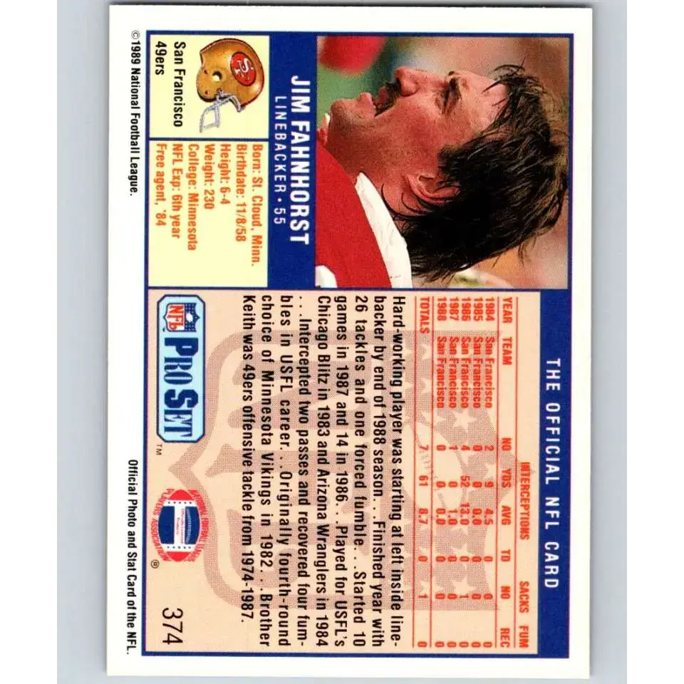 1989 Pro Set #374 Jim Fahnhorst NM-MT San Francisco 49ers Football Card - Football Card Single