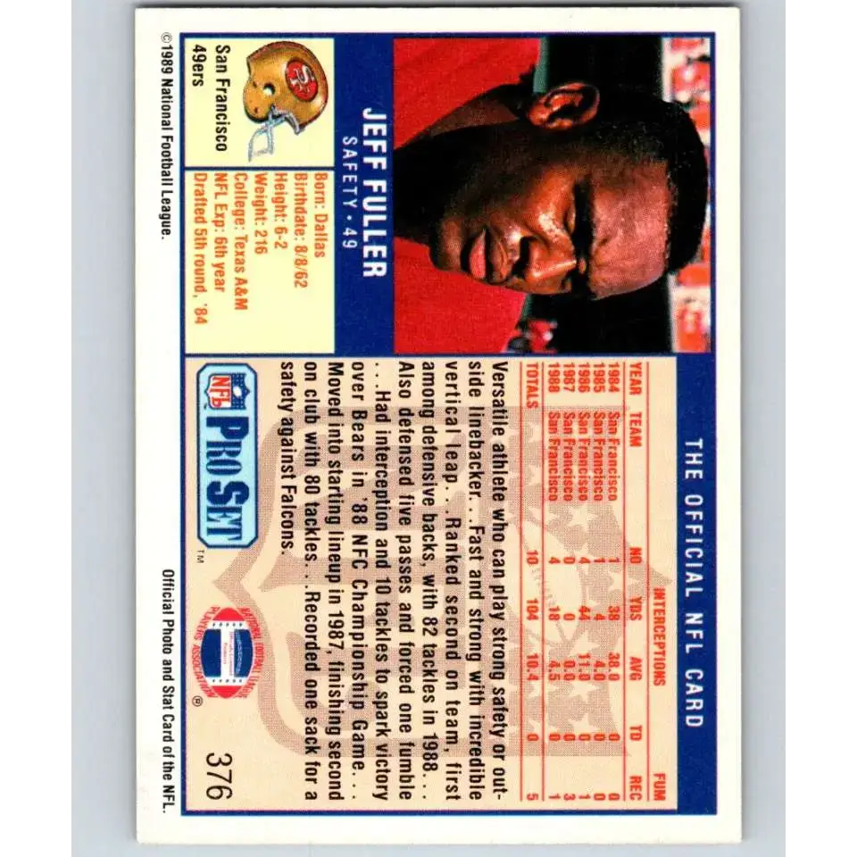 1989 Pro Set #376 Jeff Fuller NM-MT San Francisco 49ers Football Card