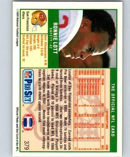 1989 Pro Set Ronnie Lott football card with original gloss, number 379, San Francisco 49ers