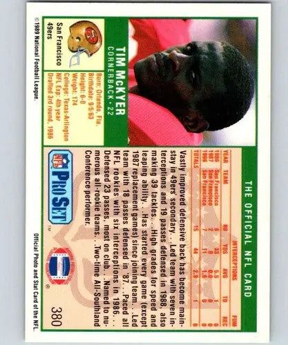 Vintage 1989 Pro Set Tim McKyer football trading card with career stats and bio
