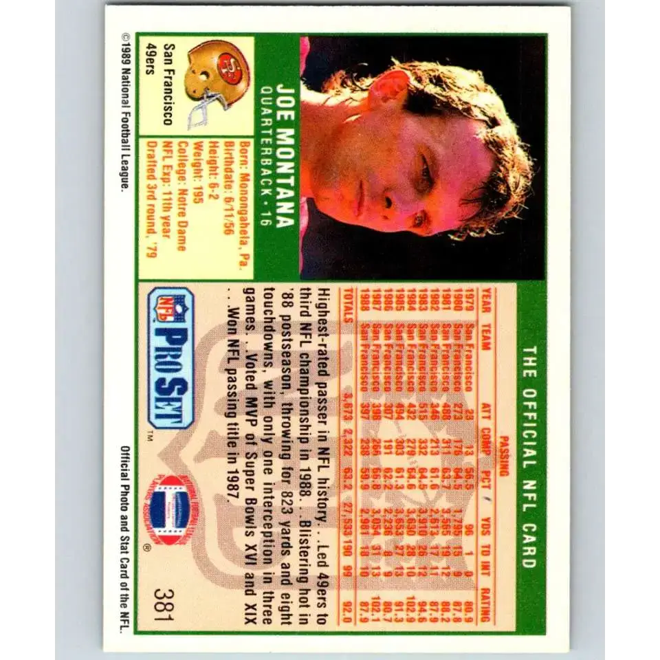 1989 Pro Set #381 Joe Montana NM-MT San Francisco 49ers Football Card