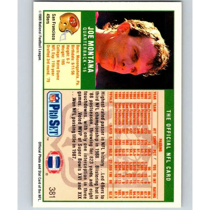 1989 Pro Set #381 Joe Montana NM-MT San Francisco 49ers Football Card
