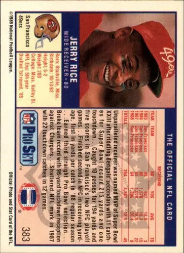 Back of a Jerry Rice 1989 Pro Set football card with original gloss and NM condition