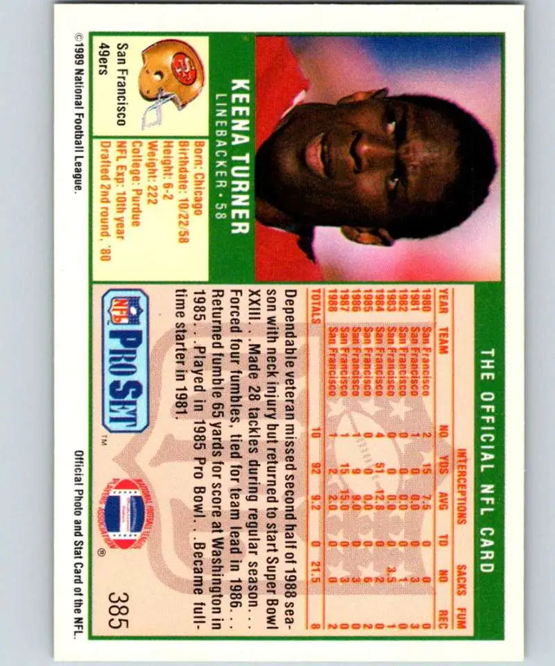 1989 Pro Set #385 Keena Turner EX Excellent San Francisco 49ers Football Card - Football Card Single