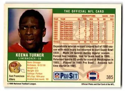 Keena Turner 1989 Pro Set #385 trading card showcasing the NFL linebacker